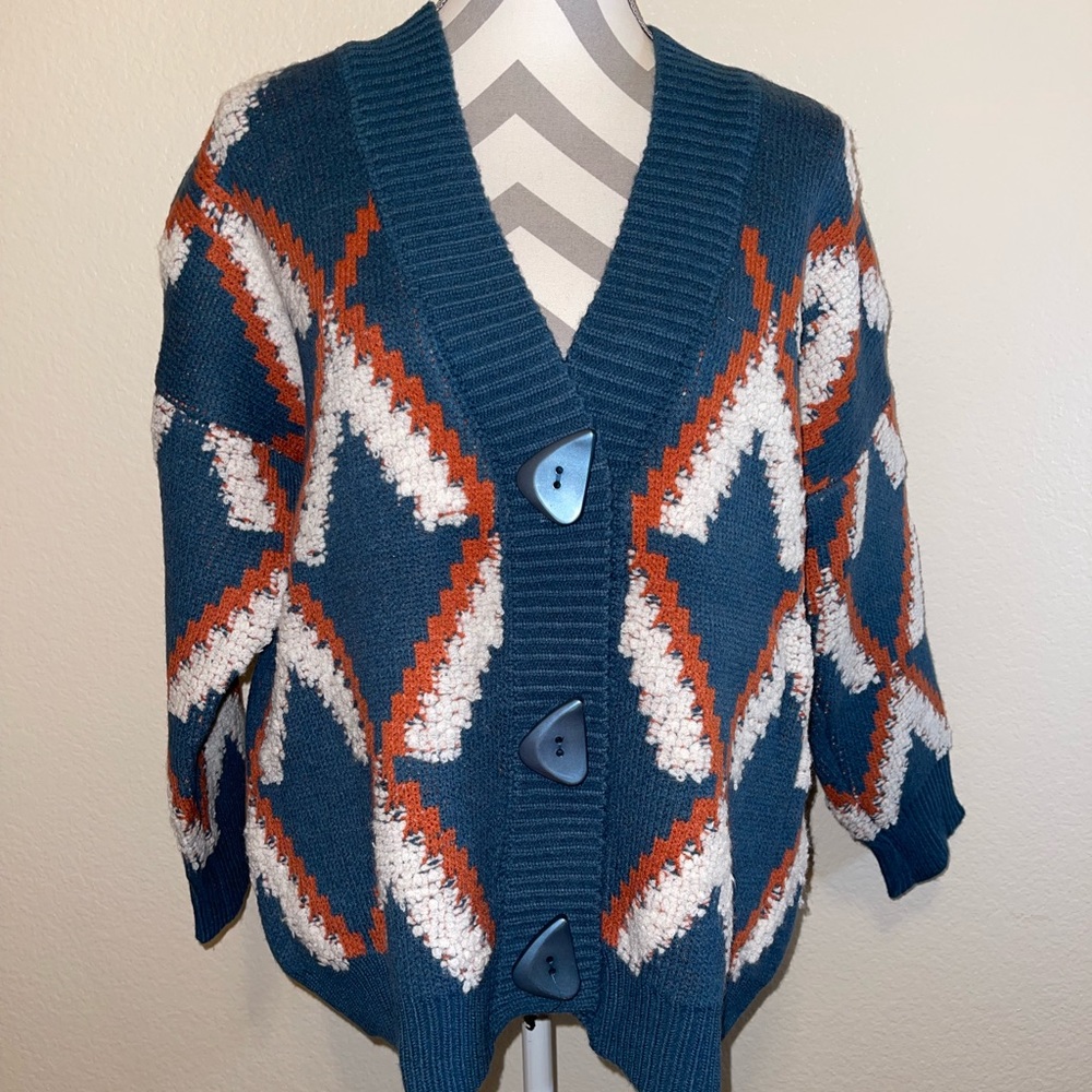 NWT Adora Teal & Orange Geometric Abstract Shaped Button Cardigan One Size - Picture 5 of 16